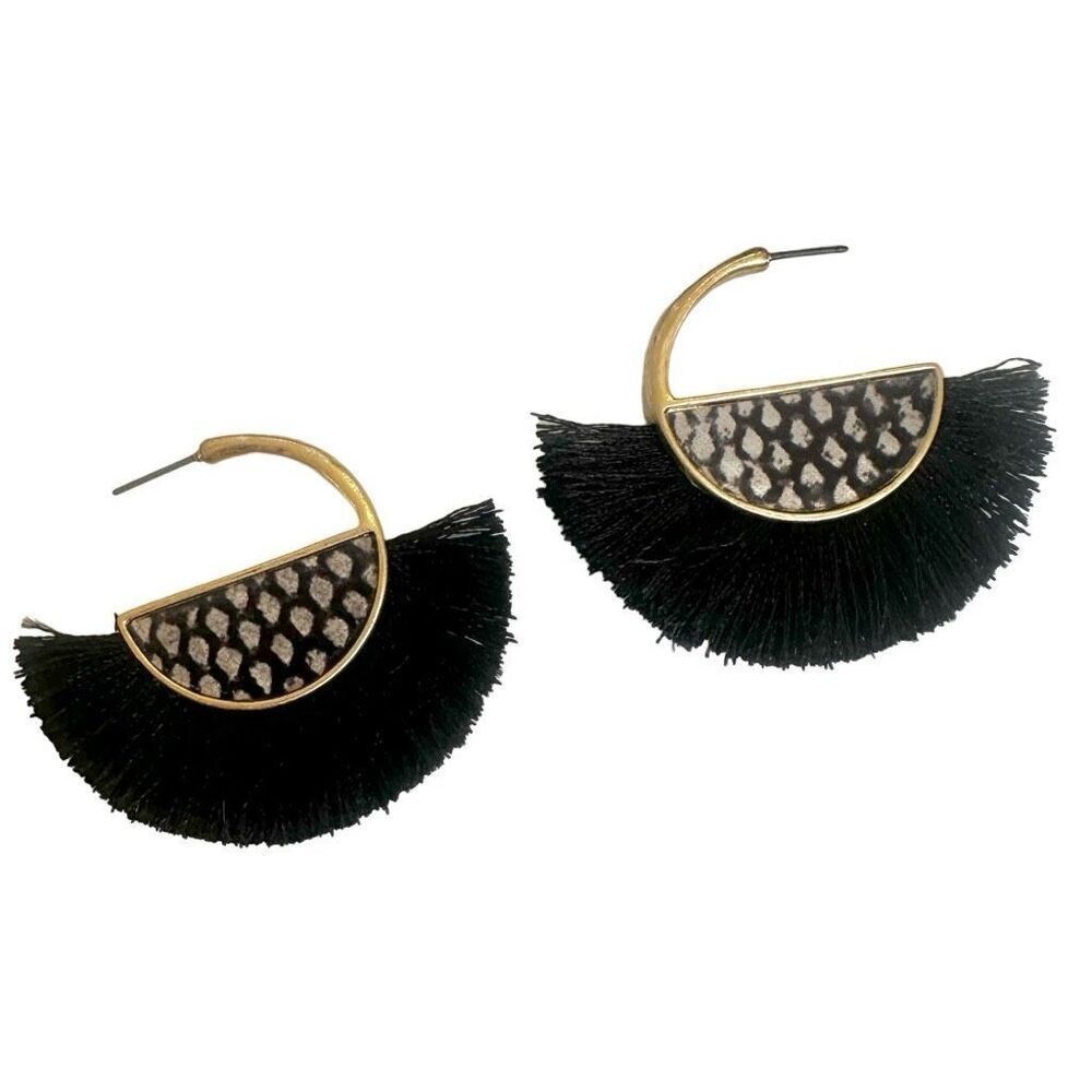 Half moon black and gold tone fringe earrings - Picture 1 of 7